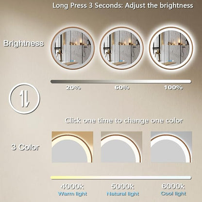 36 Inch Wood Frame LED Round Mirror with Lights 3 Color Dimmable Smart Memory Function AntiFog 36" Wood Framed Circle Round Lighted Vanity Mirror with Lights for Bathroom Wall Mounted