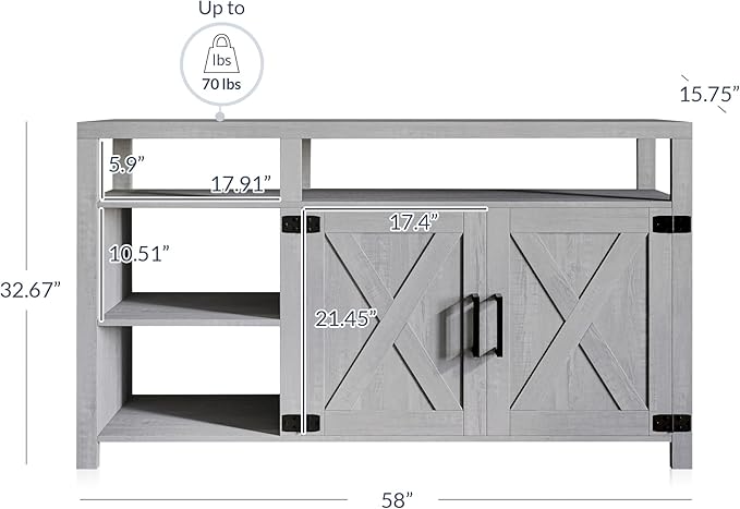 BELLEZE 58" TV Stand for TVs Up to 65", Modern Entertainment Center & TV Cabinet with Storage Shelves and Cabinet, Wood Storage Cabinet Media Console Table for Living Room Bedroom, Stone Grey