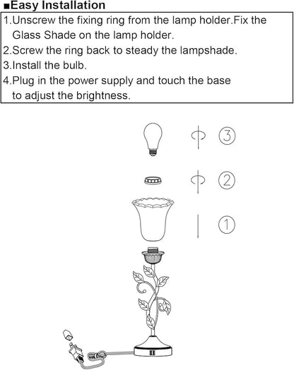 Touch Bedside Lamp with 2 USB Charging Ports, 3-Way Dimmable Nightstand Lamps, White Glass Shade Vintage Rural Leaf Lamp for Living Room Tabletop Bedroom Side Table, LED Bulb Included