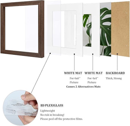 Egofine 8x8 Picture Frames Made of Solid Wood with Plexiglass, Display Pictures 4x4/6x6 with Mat or 8x8 Without Mat Set of 4 for Tabletop and Wall Mounting, Brown