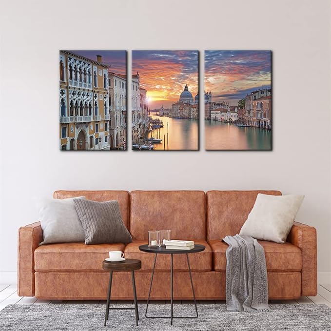 Pacimo 3 Piece Canvas Wall Art - Venice Framed Wall Art Decor Grand Canal in Venice Pictures Painting on Canvas Modern Art Home Decoration Stretched and Framed Ready to Hang - 16 x 24 inch x 3 Panels