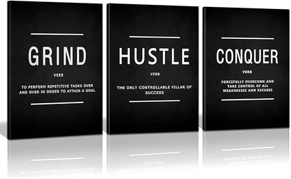 KAWAHONE Grind Hustle Conquer Success Wall Art, Motivation Canvas Wall Decor Framed Inspirational Painting Quotes Positive Poster Wall Hanging Picture for Home Office Workplace - 12" Wx16 Hx3piece