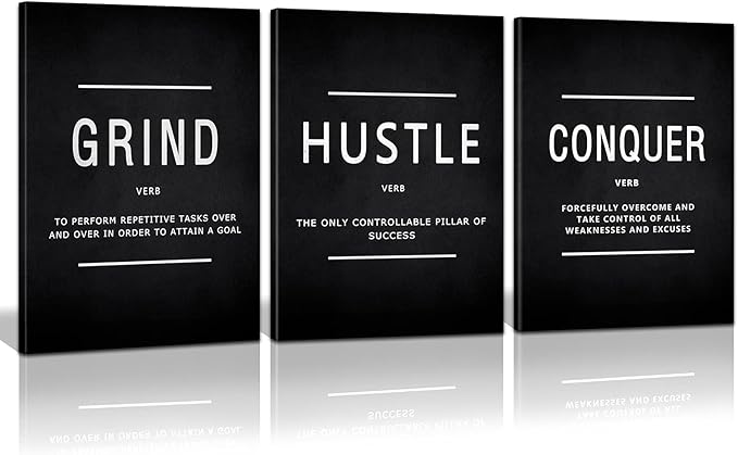 KAWAHONE Inspiration Canvas Wall Art Large, Grind Hustle Conquer Quotes Poster Framed Success Painting Picture Wall Sign for Home Office Workplace Wall Hanging- 24" Wx36 Hx3Piece