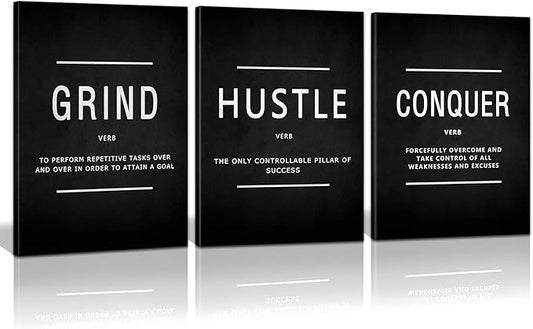KAWAHONE Inspiration Canvas Wall Art Large, Grind Hustle Conquer Quotes Poster Framed Success Painting Picture Wall Sign for Home Office Workplace Wall Hanging- 24" Wx36 Hx3Piece