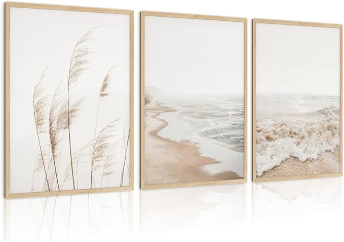 HDXUFJQ Neutral Beach Coastal Wall Art Beach Boho Botanical Pampas Grass Posters Minimalist Nature Landscape Canvas Wall Decor Summer Ocean Prints Waves Pictures Artwork Unframed(16x24 inch)