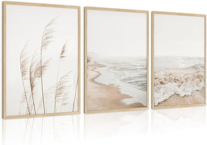 HDXUFJQ Neutral Beach Coastal Wall Art Beach Boho Botanical Pampas Grass Posters Minimalist Nature Landscape Canvas Wall Decor Summer Ocean Prints Waves Pictures Artwork Unframed(16x24 inch)