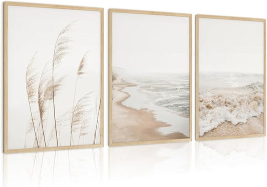 HDXUFJQ Neutral Beach Coastal Wall Art Beach Boho Botanical Pampas Grass Posters Minimalist Nature Landscape Canvas Wall Decor Summer Ocean Prints Waves Pictures Artwork Unframed(12x16 inch)