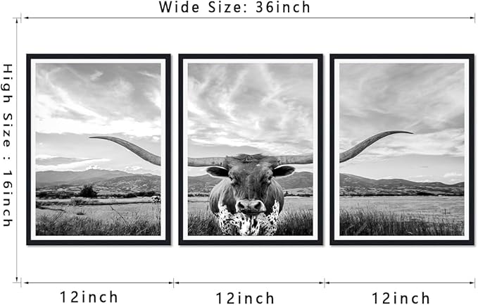 Longhorn Cow Black Framed Canvas Wall Art Black and White Highland Cow Poster Vintage Farmhouse Animal Rustic Art Wall Decor for Country House Apartment Living Room Decor Easy to Hand 12x16inchx3pcs