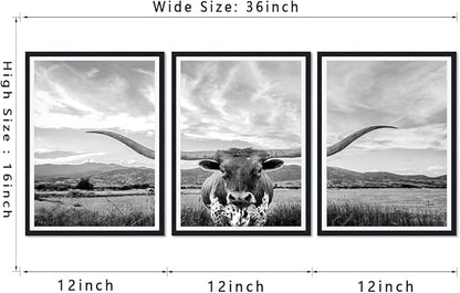Longhorn Cow Black Framed Canvas Wall Art Black and White Highland Cow Poster Vintage Farmhouse Animal Rustic Art Wall Decor for Country House Apartment Living Room Decor Easy to Hand 12x16inchx3pcs