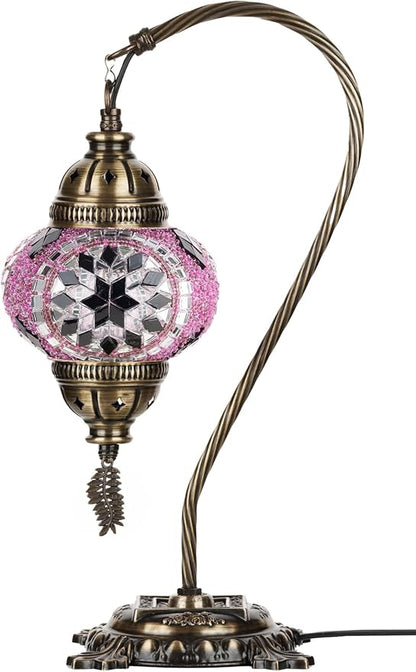 DEMMEX Turkish Moroccan Mosaic Table Lamp – Handcrafted Tiffany-Style Colorful Glass Swan Neck Bedside, Desk, Table Light, Boho Artisan Accent Lighting for Bedroom or Living Room – 15" H, Lilac