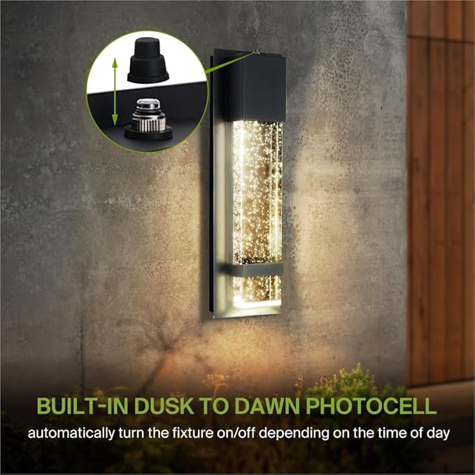 ASD LED 13" Bubble Glass Wall Light Fixture, Outdoor Dusk to Dawn Sconce | 3CCT, Waterproof, Photocell, ETL Listed | 12W 500LM 3000-5000K 120V | Exterior Lantern, Porch Lighting | Black, 2 Pack