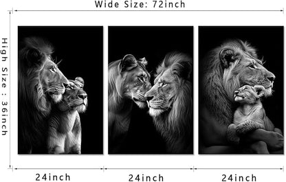 Black and White Lion Wall Art for Living Room Decor 3 Panels Wild Animals Pictures Wall Decor Modern Lion and Lioness Posters Prints Artwork, Framed 24" W x 36" H x 3pcs