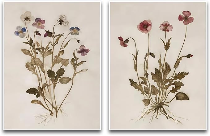 Flower Wall Art Set of 2 Boho Vintage Botanical Minimalist Delicate Floral Violet Bloom Pastel Tone Home Bedroom Living Room Elegant Nature-Themed Stylish Interior Decor Accent 12x16 Inch Unframed