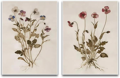Flower Wall Art Set of 2 Boho Vintage Botanical Minimalist Delicate Floral Violet Bloom Pastel Tone Home Bedroom Living Room Elegant Nature-Themed Stylish Interior Decor Accent 12x16 Inch Unframed