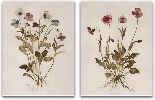 Flower Wall Art Set of 2 Boho Vintage Botanical Minimalist Delicate Floral Violet Bloom Pastel Tone Home Bedroom Living Room Elegant Nature-Themed Stylish Interior Decor Accent 12x16 Inch Unframed