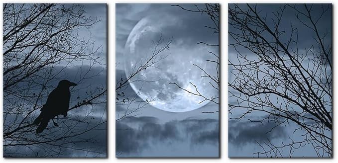 Pacimo 3 Pieces Canvas Art Wall Decor Full Moon Halloween Pictures Black and White Wall Art Painting Prints on Canvas Modern Artwork Stretched and Framed Ready to Hang - 16"x24"x3 Panel