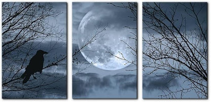 Pacimo 3 Pieces Canvas Art Wall Decor Full Moon Halloween Pictures Black and White Wall Art Painting Prints on Canvas Modern Artwork Stretched and Framed Ready to Hang - 16"x24"x3 Panel