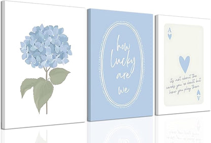 Cshylven Hydrangea Wall Art Set of 3, Blue Floral Canvas Prints, Inspirational Quote Modern Minimalist Botanical Wall Decor, Preppy Baby Blue Aesthetic Pictures for Bedroom Bathroom Dorm 12x16 Framed