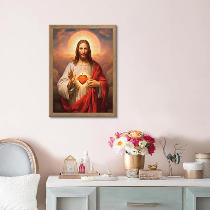 Framed Sacred Heart of Jesus Canvas Wall Art Divine Mercy Painting Picture Wall Decor Religious Christ Jesus Portrait Poster Prints Artwork for Dining Living prayer Room Bedroom Home Decor 24x36 in