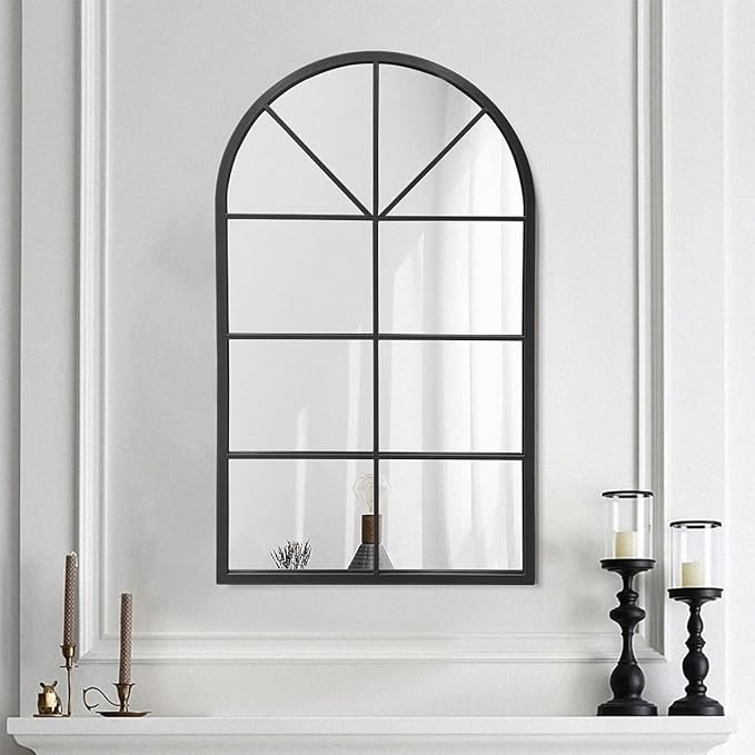 42"x 24" Arched Mirror, Window Wall Mirror, Vanity Mirrors, Metal Framed, Arched-Top Farmhouse Mirrors, Rustic Decorative Mirror (Black)