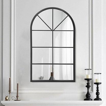 42"x 24" Arched Mirror, Window Wall Mirror, Vanity Mirrors, Metal Framed, Arched-Top Farmhouse Mirrors, Rustic Decorative Mirror (Black)