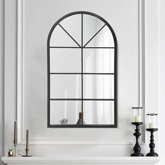 42"x 24" Arched Mirror, Window Wall Mirror, Vanity Mirrors, Metal Framed, Arched-Top Farmhouse Mirrors, Rustic Decorative Mirror (Black)