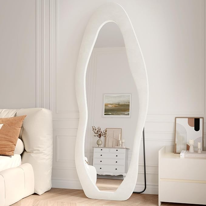 Full Length Mirror, 63"x24" Full Body Mirrors, Flannel Floor Mirrors with Stand, Irregular Wavy Mirror Hanging or Leaning Against Wall for Bedroom Living Room, Beige