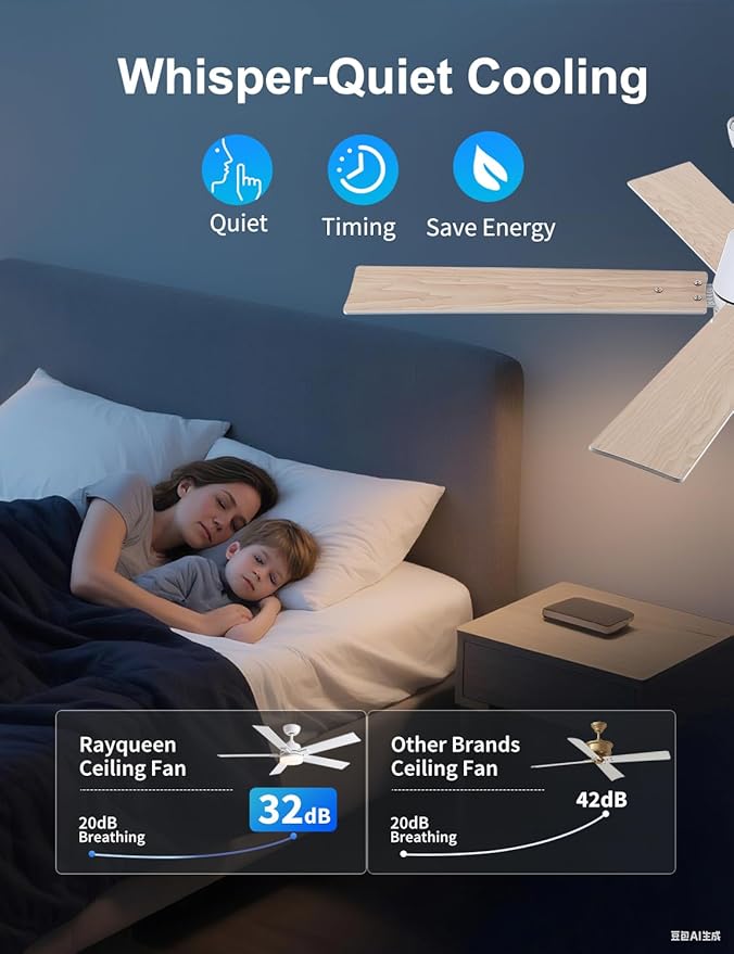 Rayqueen 52 Inch Ceiling Fans with Lights and Remote, 6 Speed Reversible DC Motor, 3CCT Dimmable LED, 5 Blades, White Modern Ceiling Fan for Bedroom, Living Room & Covered Outdoor, Includes Downrod