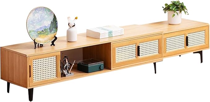 TV Stand, Modern TV Cabinet Entertainment Center Media Shelf with Storage, TV Console Table with Plastic Rattan Door for Living Room,Bedroom Retractable 126-210CM,B