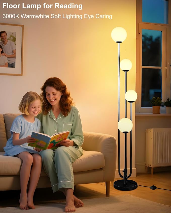 63IN 4-Light Dimmable Floor Lamp, Unique Black Tall Standing Lamps with Globe Shade &3000K Bulbs for Reading, Mid Century Modern Floor Lamp with 5Lbs Heavy Base for Living Room Bedroom Office