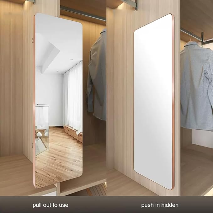 Generic Hideaway Closet Mirror, Retractable Full Length Mirror, 51"" x 16"" Wall Mounted Mirror, Suitable for Bedroom, Locker Room, Cloakroom - Rose Gold