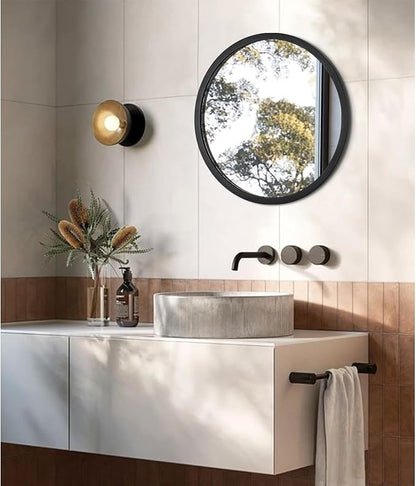 JJUUYOU Round Wall Mirror 16", Hanging Circle Mirror Round Black Mirror for Bathroom Wooden Farmhouse Frame Mirror for Bedroom, Living Room or Entryway Wall Decorative