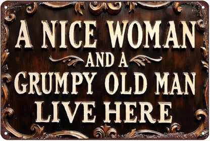 Grumpy Old Man Tin Sign - Metal 12x8 Inch Vintage Funny Couple Wall Art for Entryway, Living Room, Porch, Gift for Husband and Wife