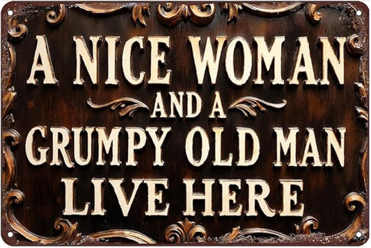 Grumpy Old Man Tin Sign - Metal 12x8 Inch Vintage Funny Couple Wall Art for Entryway, Living Room, Porch, Gift for Husband and Wife
