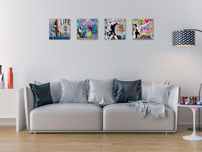 Biufo Banksy Canvas Wall Art Prints Pop Street Art Picture Paintings for Living Room Bedroom Wall Decor (16"x16"x4Pcs)