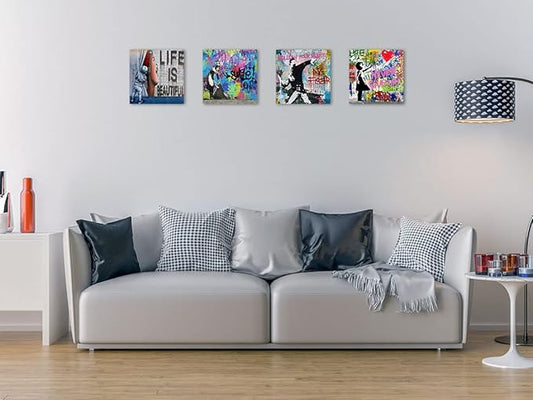 Biufo Banksy Canvas Wall Art Prints Pop Street Art Picture Paintings for Living Room Bedroom Wall Decor (16"x16"x4Pcs)