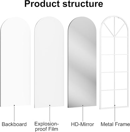 OGCAU Full Length Arched Floor Mirror, 65"x22" Window Pane Design, Decorative Hanging or Leaning, Full Body with Iron Frame for Bedroom Living Room (White)