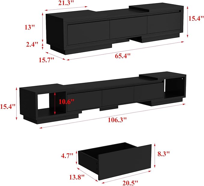Extendable TV Console Table Modern TV Cabinet with Drawers, Contemporary Media Storage Console Table for Living Room Black (65.4-106.3”W x 15.7”D x 15.4”H)