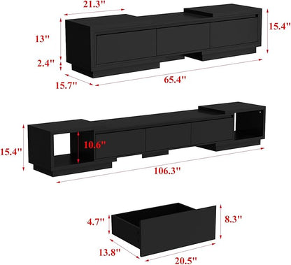 Extendable TV Console Table Modern TV Cabinet with Drawers, Contemporary Media Storage Console Table for Living Room Black (65.4-106.3”W x 15.7”D x 15.4”H)