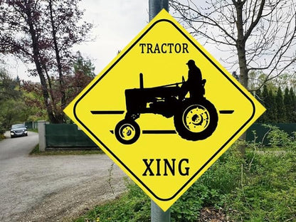 Funny Metal Warning Farmer Tractor Crossing XING Tin Sign Wall Décor Man Cave Bar Farm 12 X 12 Inch