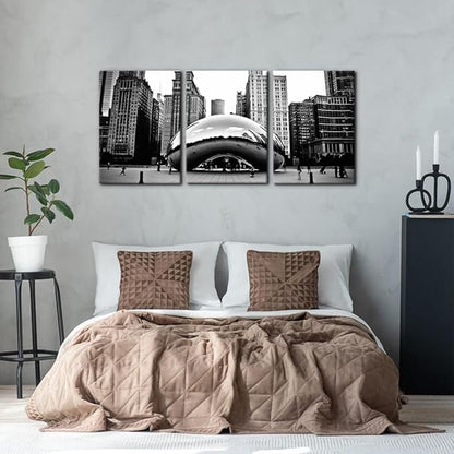 3 Pieces Black and White Wall Art - The Millennium Park in Downtown Chicago Photograph Picture Print on Canvas - Cloud Gate Canvas Wall Art for Modern Home Decor Ready to Hang - 20"x28"x3 Panel
