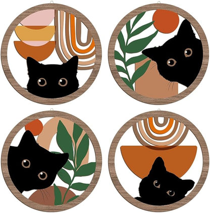 4PCs 3D Boho Cat Hanging Wooden Wall Art Wall Decor, Botanical Wall Decor Boho Room Decor, Cat Lover Gifts, Bohemian Wooden Sign Wood Art Wood Plaque Home Decor for Living Room Bedroom Farmhouse