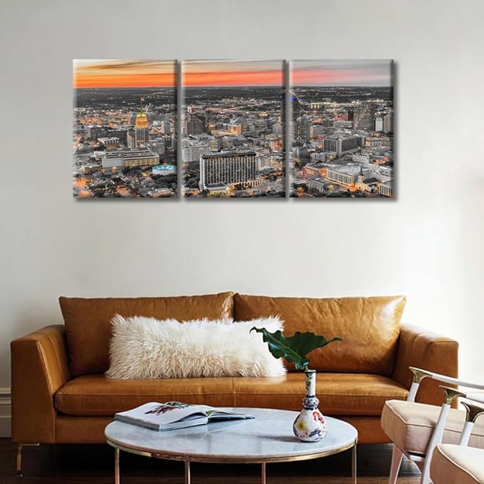TUMOVO San Antonio Texas USA Skyline at Dusk Wall Art Canvas Print 3 Pieces RAmerican Cityscape Wall Decor for Bedroom City Skyline Artwork Paintings Wall Art Framed Ready to Hang (36" Wx16 H)