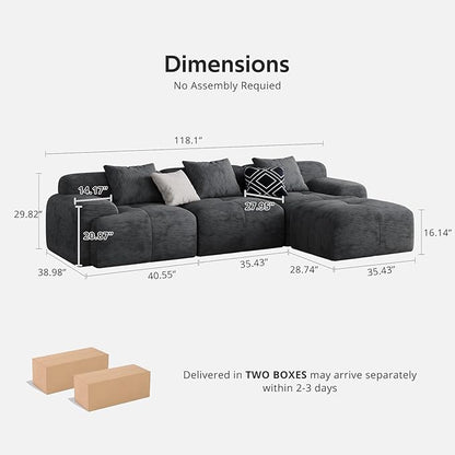 Modern L-Shaped Modular Sectional Sofa for Living Room，Oversized 3-Seater Couch with Deep Seat and Movable Ottoman – No Assembly,Comfortable Suede Fabric Boneless Sofa (Dark Gray)
