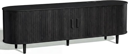 65" Mid Century Modern TV Stand, Wood TV Consoles with Sliding Doors and Power Outlet, Fluted Entertainment Center with Adjustable Shelves, Media Console for Living Room, Black