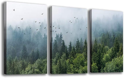 Green Forest Wall Art Tropical Forest Mountain Bird Contemporary Canvas Pictures Modern Artwork Framed for Bathroom Bedroom Nursery Living Room Home Office Kitchen Wall Decor 16" x 24" 3 Pieces