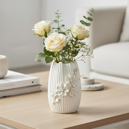 White Ceramic Vase - 7 Inch Textured Boho Flower Vase, Modern 3D Floral Vases Home Decor, Living Room, Table, Wedding Decor, Easter Centerpiece