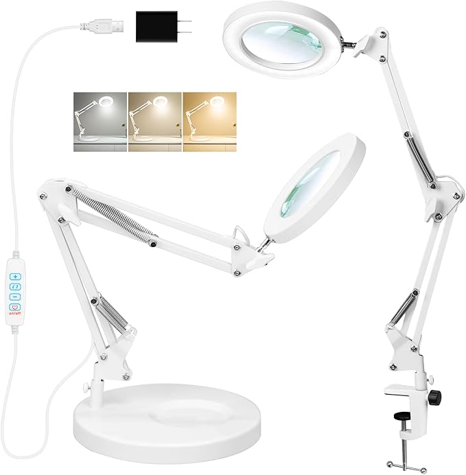 KIRKAS 10X Magnifying Glass with Light and Stand, 2-in-1 Stepless Dimmable LED Desk Lamp with Clamp, 3 Color Modes Lighted Magnifier Swivel Arm Light for Reading, Craft, Close Works - White