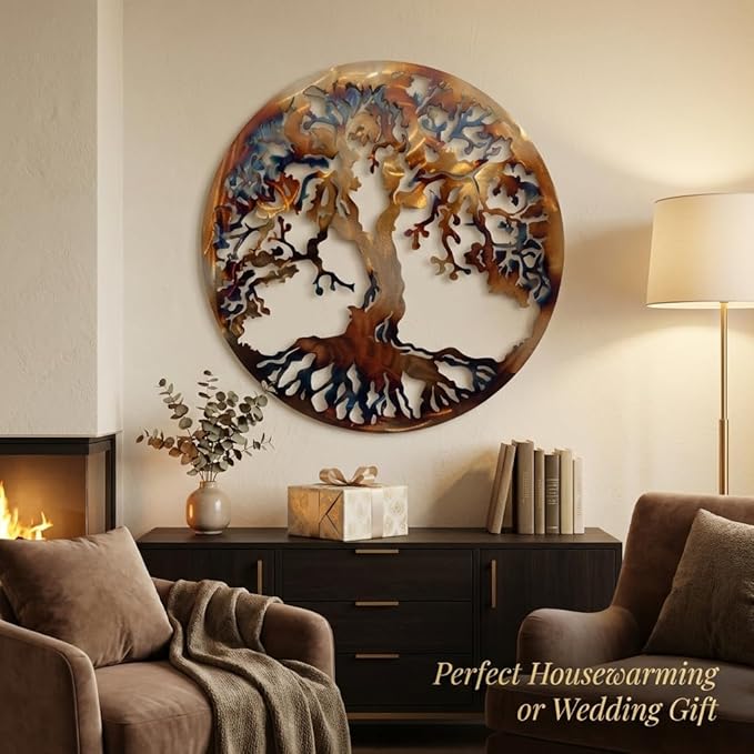 36” Tree of Life Metal Wall Art – Large Round Statement Wall Decor for Living Room Above Couch – Premium Laser-Cut Steel, Vibrant Heat Color Finish