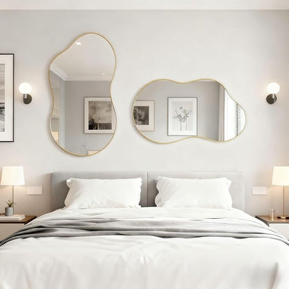 Itrue 26×46 Inch Gold Framed Irregular Tempered Glass Wall Mirror, Asymmetrical Vanity Mirror for Bathroom, Bedroom, Entryway